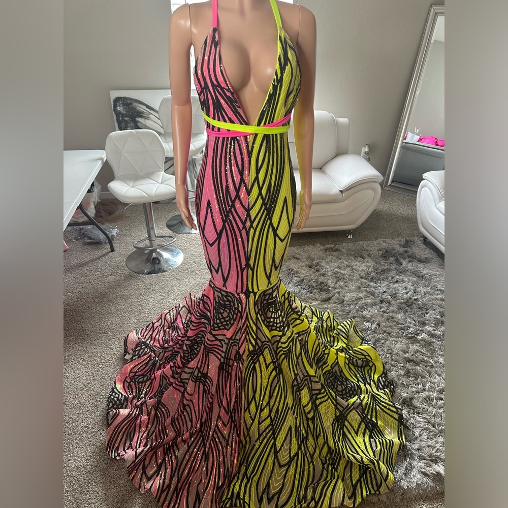 Neon Pink & Lime Sequin Prom Dress